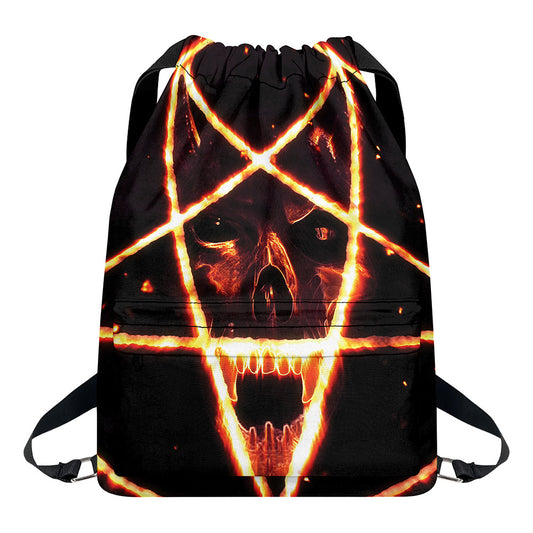 Flame Satanic Pentagram Print Drawstring Backpack
