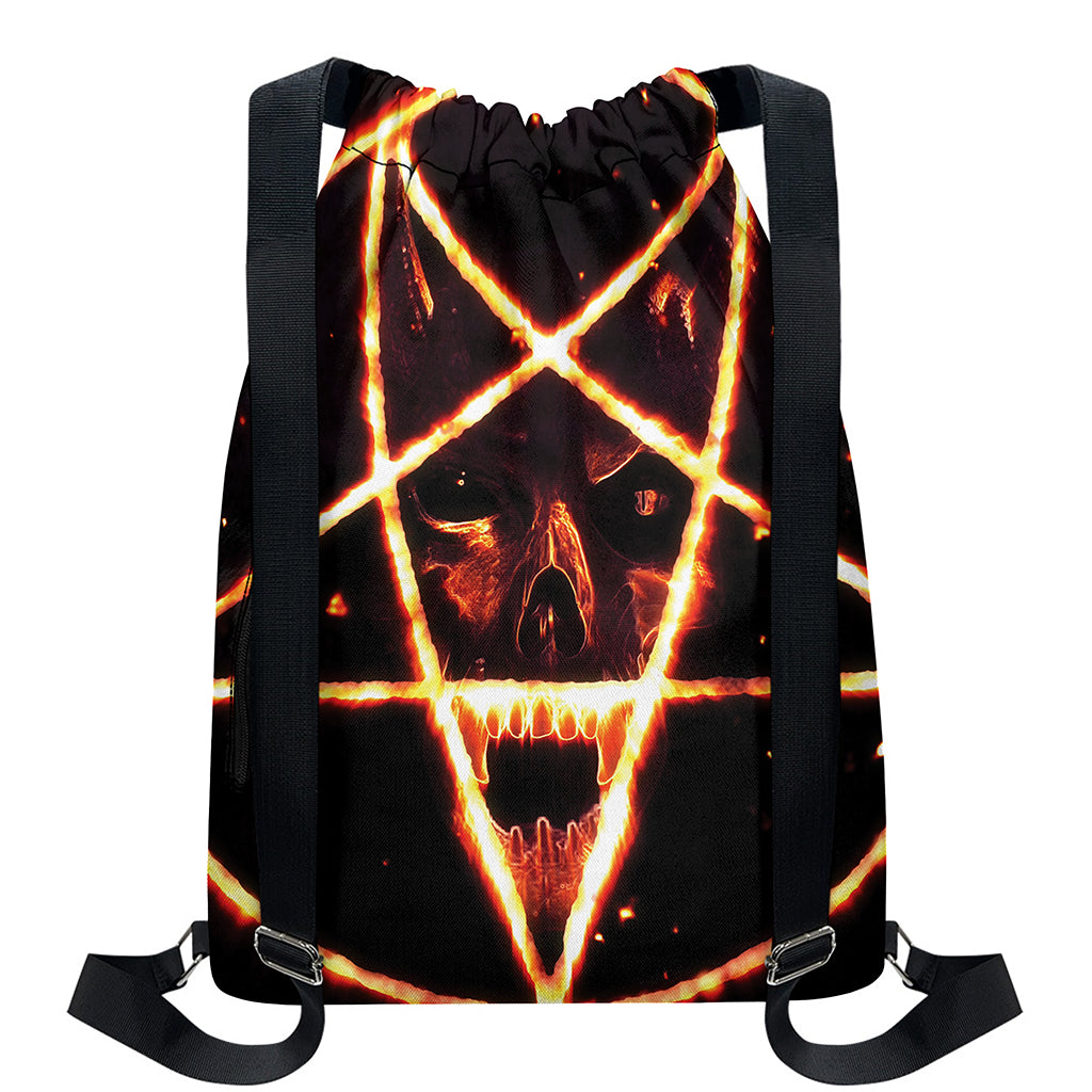 Flame Satanic Pentagram Print Drawstring Backpack