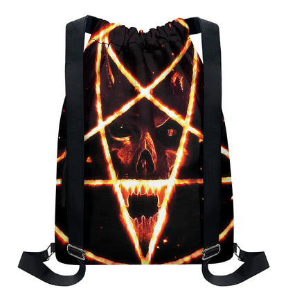 Flame Satanic Pentagram Print Drawstring Backpack