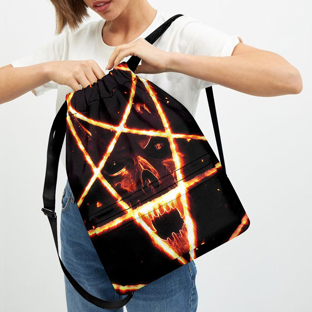 Flame Satanic Pentagram Print Drawstring Backpack
