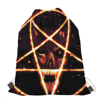 Flame Satanic Pentagram Print Drawstring Bag