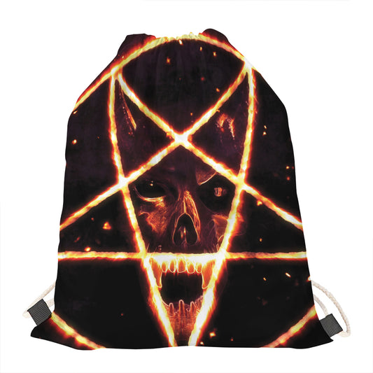 Flame Satanic Pentagram Print Drawstring Bag