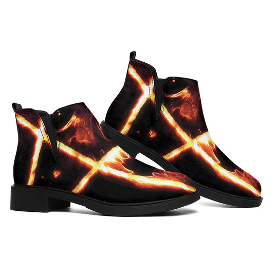 Flame Satanic Pentagram Print Flat Ankle Boots