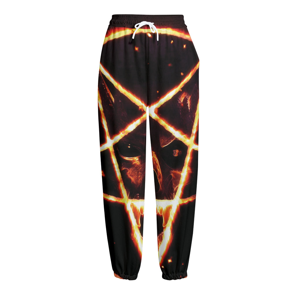 Flame Satanic Pentagram Print Fleece Lined Knit Pants