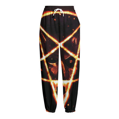 Flame Satanic Pentagram Print Fleece Lined Knit Pants