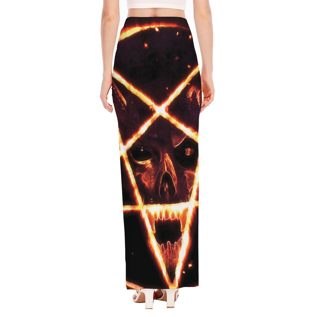 Flame Satanic Pentagram Print High Slit Maxi Skirt