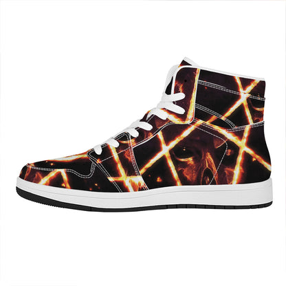 Flame Satanic Pentagram Print High Top Leather Sneakers