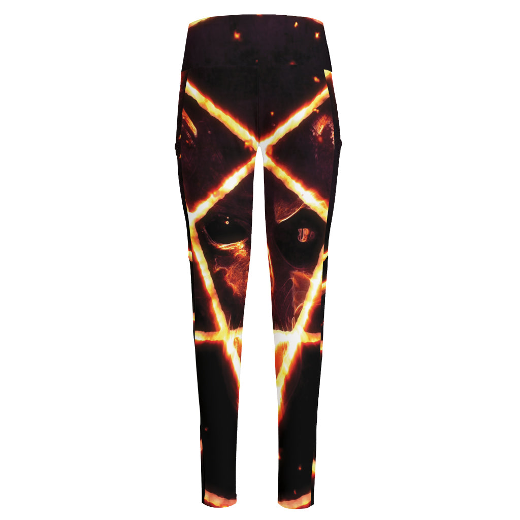 Flame Satanic Pentagram Print High-Waisted Pocket Leggings