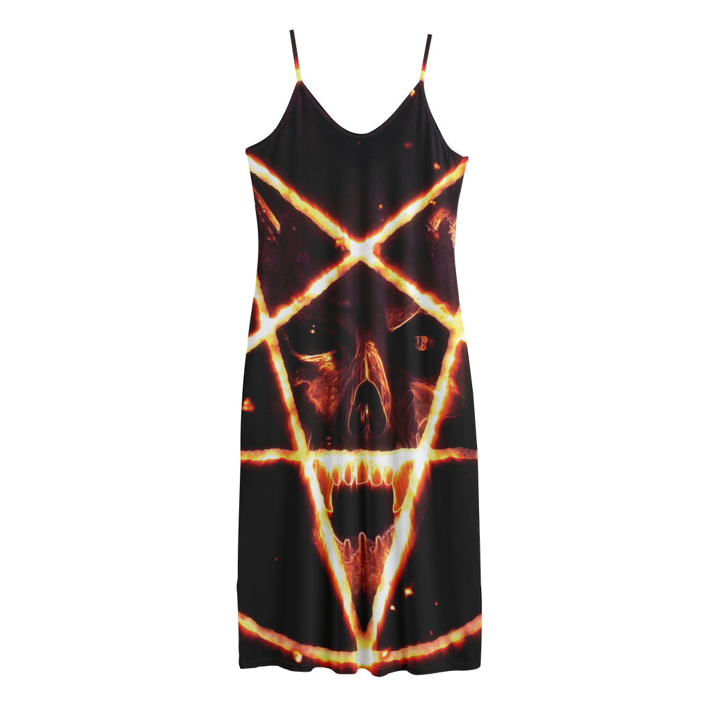 Flame Satanic Pentagram Print Jersey Midi Cami Dress