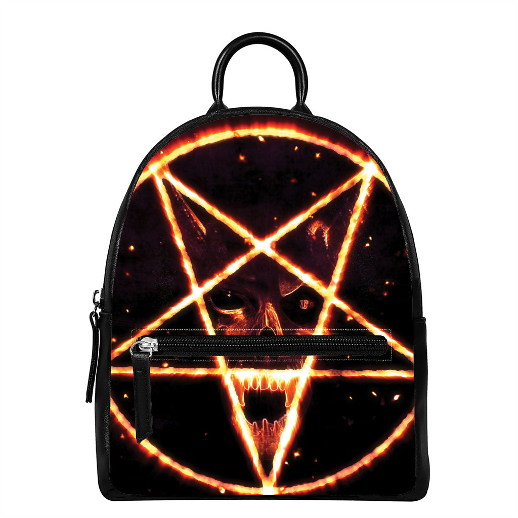 Flame Satanic Pentagram Print Leather Backpack