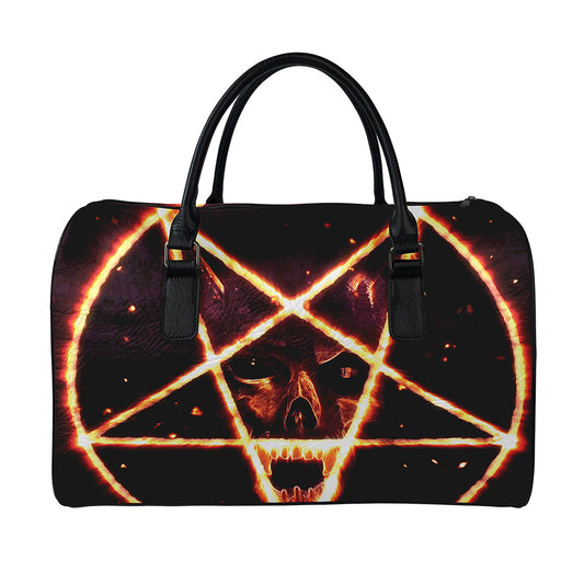 Flame Satanic Pentagram Print Leather Duffle Bag
