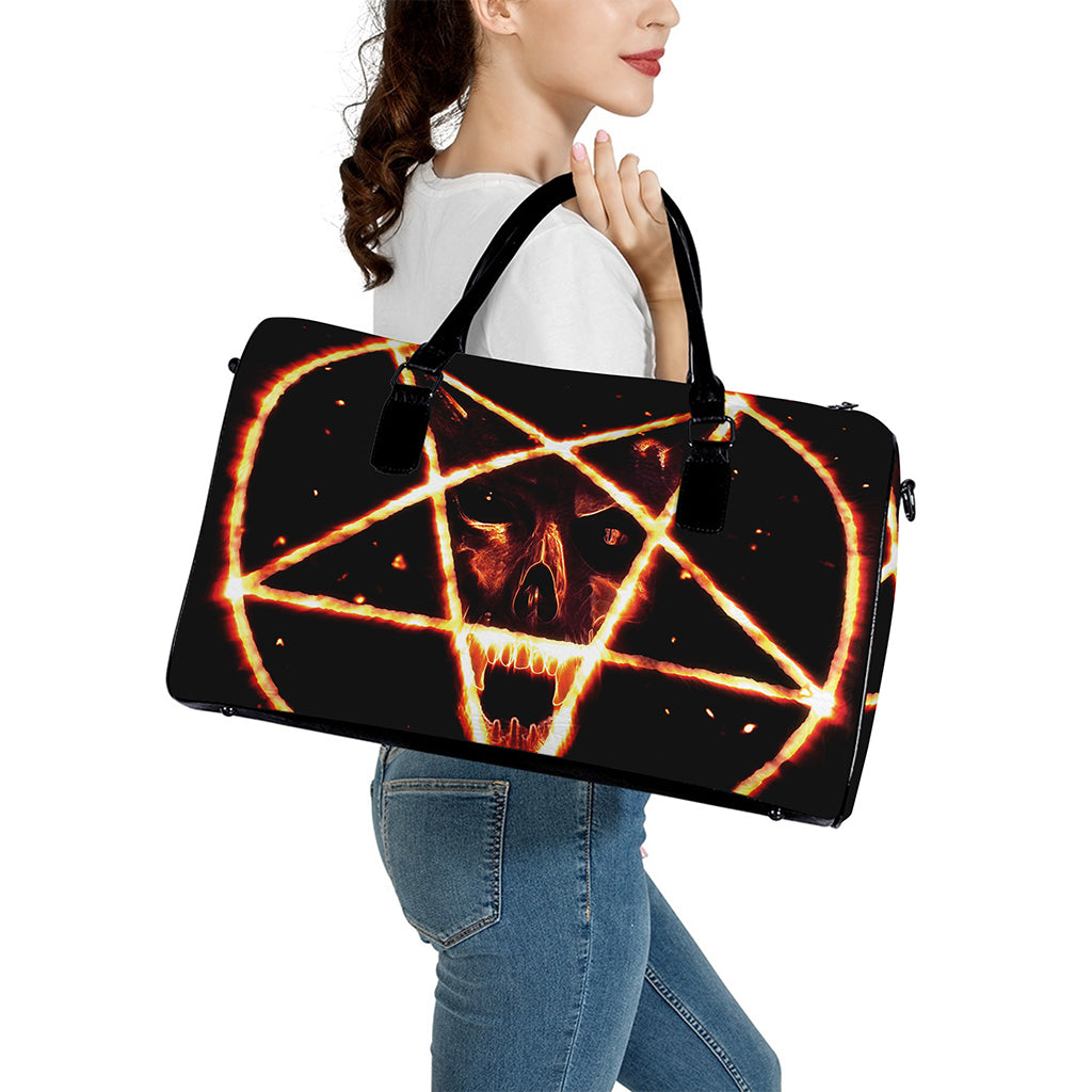 Flame Satanic Pentagram Print Leather Duffle Bag
