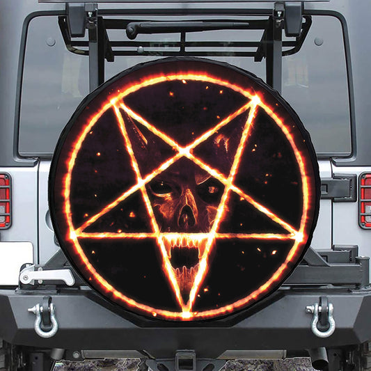 Flame Satanic Pentagram Print Leather Spare Tire Cover