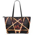 Flame Satanic Pentagram Print Leather Tote Bag With Zipper