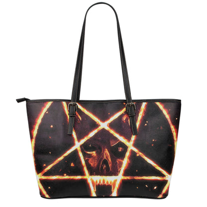 Flame Satanic Pentagram Print Leather Tote Bag