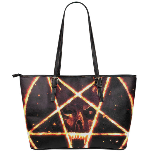 Flame Satanic Pentagram Print Leather Tote Bag