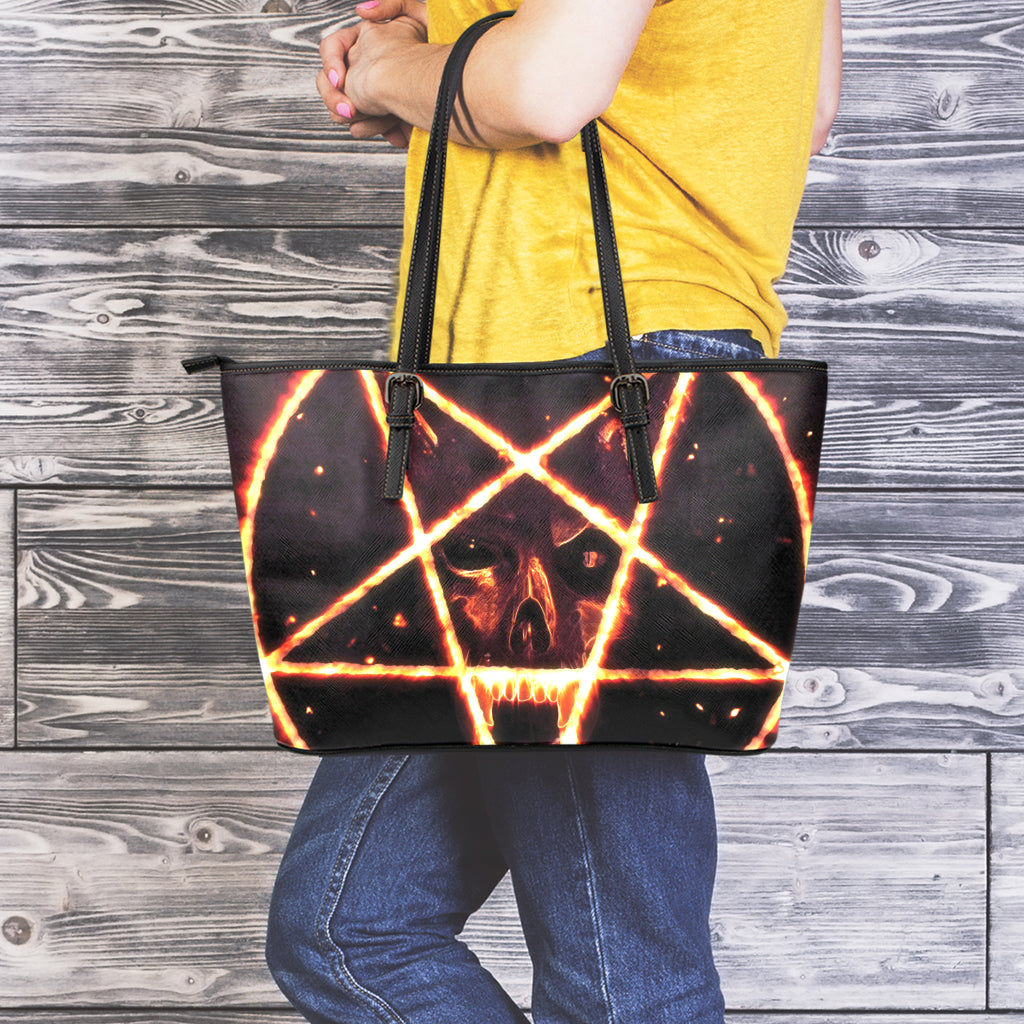 Flame Satanic Pentagram Print Leather Tote Bag