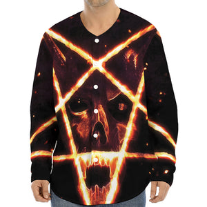 Flame Satanic Pentagram Print Long Sleeve Baseball Jersey