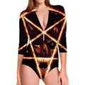 Flame Satanic Pentagram Print Long Sleeve Swimsuit