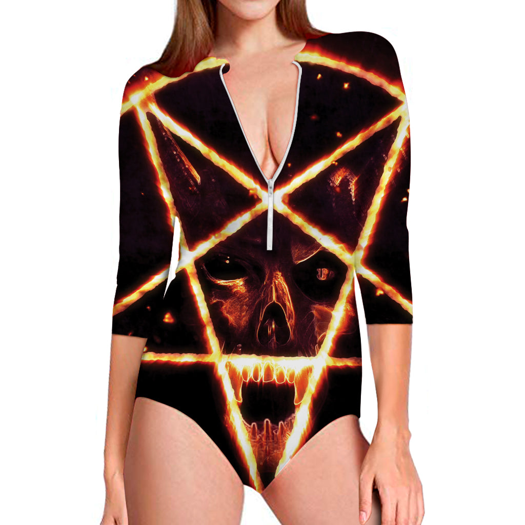 Flame Satanic Pentagram Print Long Sleeve Swimsuit