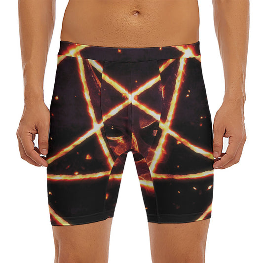 Flame Satanic Pentagram Print Men's Long Boxer Briefs