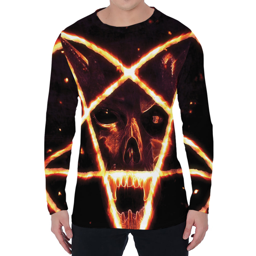 Flame Satanic Pentagram Print Men's Long Sleeve T-Shirt