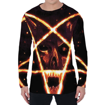 Flame Satanic Pentagram Print Men's Long Sleeve T-Shirt