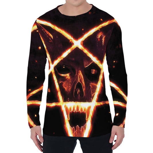 Flame Satanic Pentagram Print Men's Long Sleeve T-Shirt