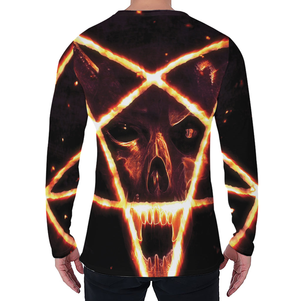 Flame Satanic Pentagram Print Men's Long Sleeve T-Shirt