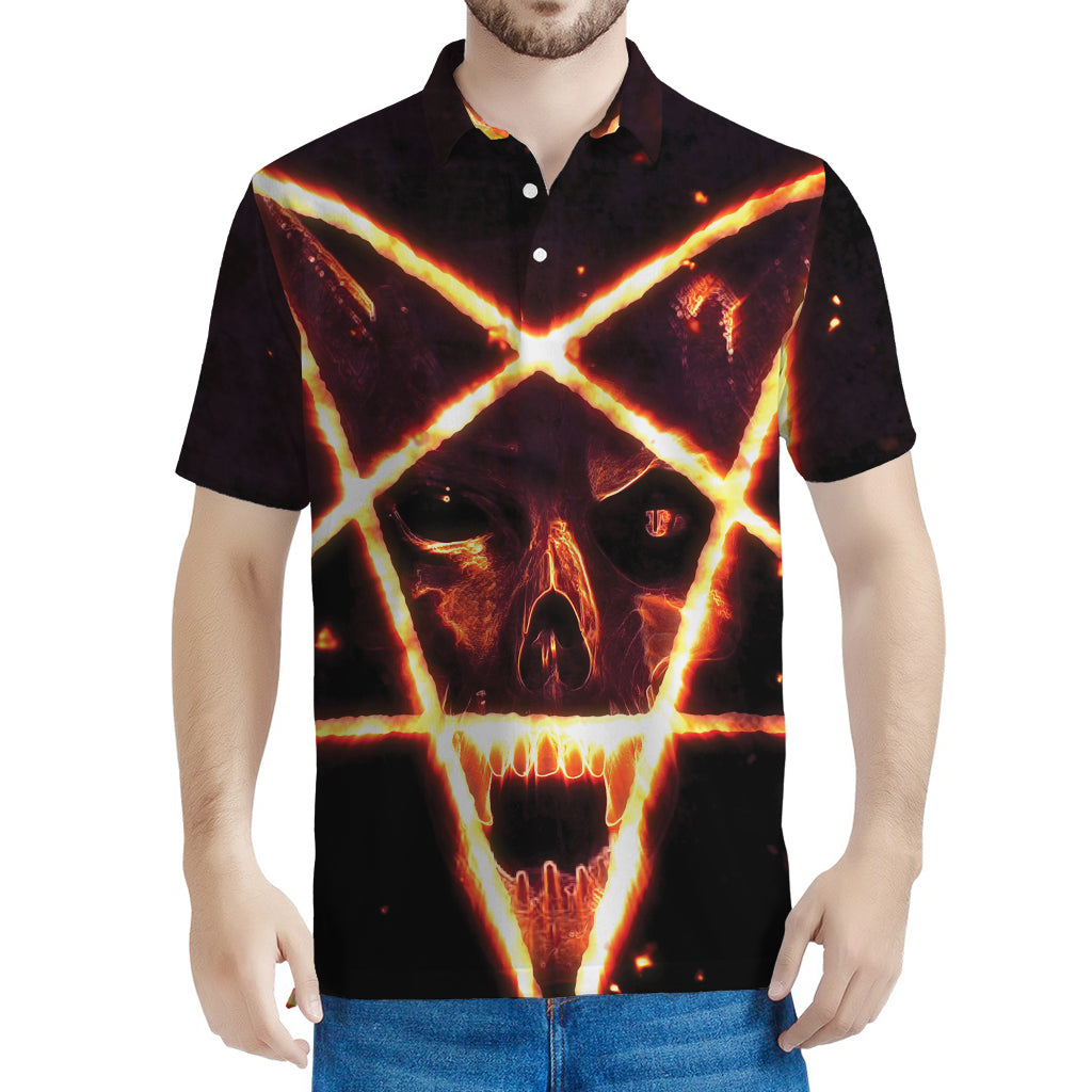 Flame Satanic Pentagram Print Men's Polo Shirt