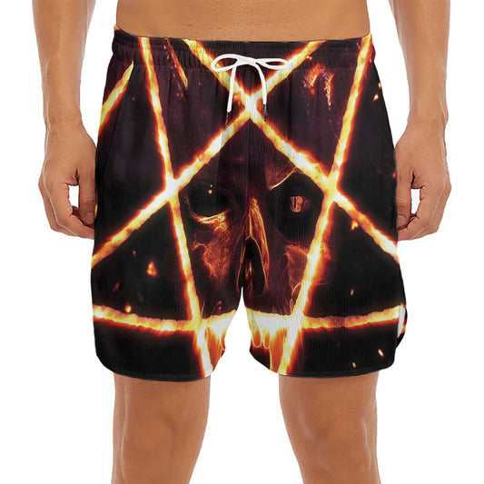 Flame Satanic Pentagram Print Men's Split Running Shorts
