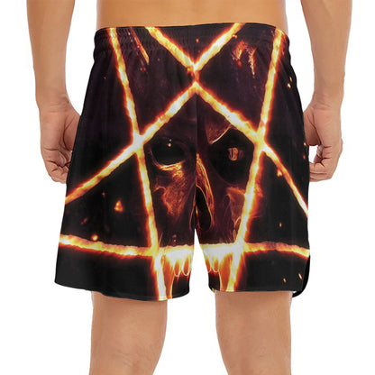 Flame Satanic Pentagram Print Men's Split Running Shorts
