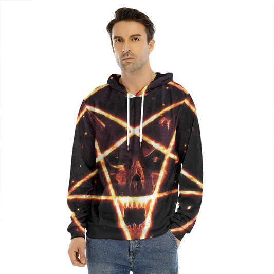 Flame Satanic Pentagram Print Men's Velvet Pullover Hoodie