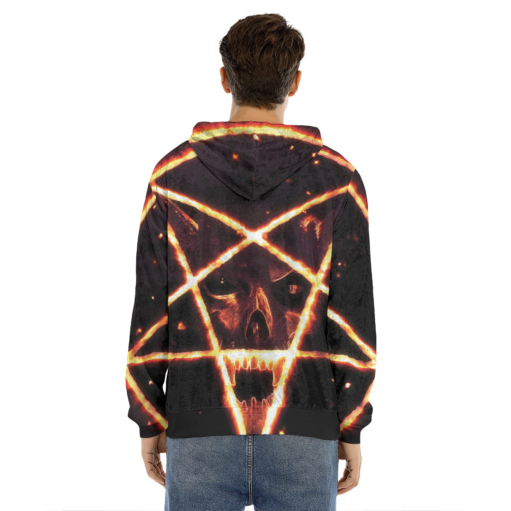 Flame Satanic Pentagram Print Men's Velvet Pullover Hoodie