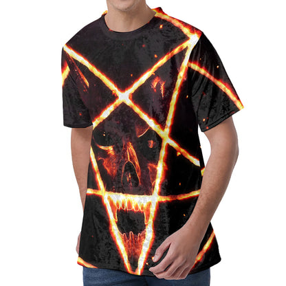 Flame Satanic Pentagram Print Men's Velvet T-Shirt