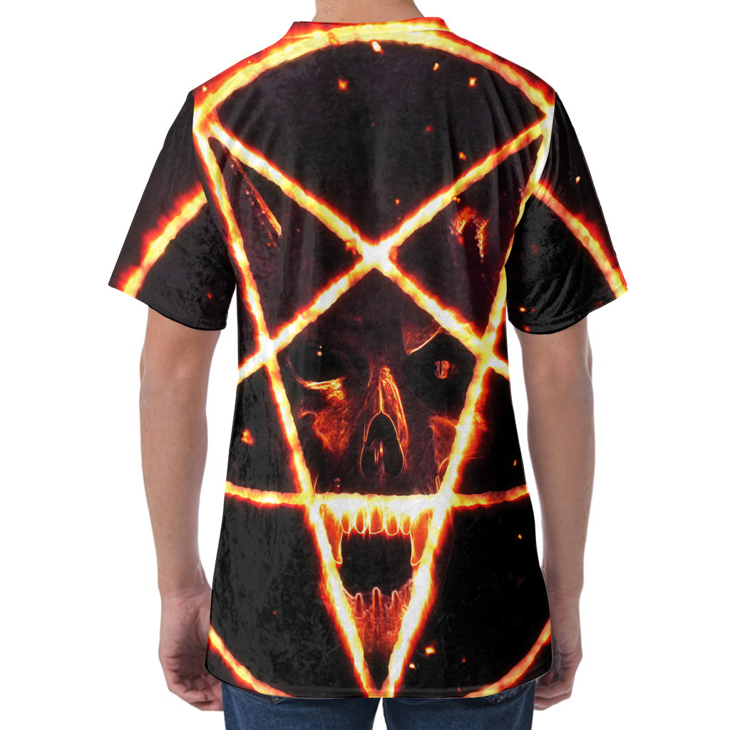 Flame Satanic Pentagram Print Men's Velvet T-Shirt