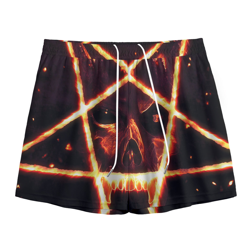 Flame Satanic Pentagram Print Mesh Shorts