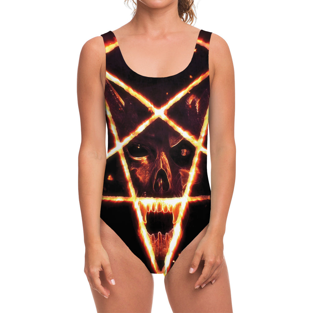 Flame Satanic Pentagram Print One Piece Swimsuit