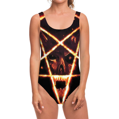 Flame Satanic Pentagram Print One Piece Swimsuit