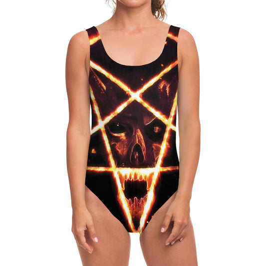 Flame Satanic Pentagram Print One Piece Swimsuit