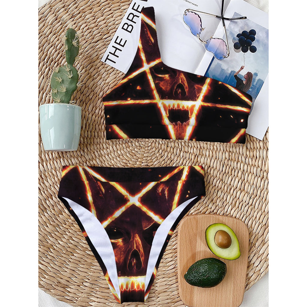 Flame Satanic Pentagram Print One Shoulder Bikini Top