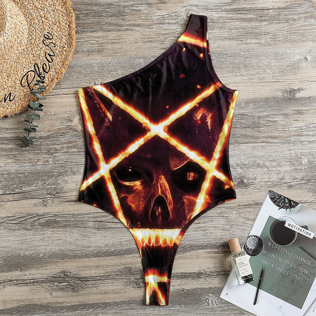 Flame Satanic Pentagram Print One Shoulder Bodysuit