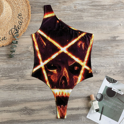 Flame Satanic Pentagram Print One Shoulder Bodysuit
