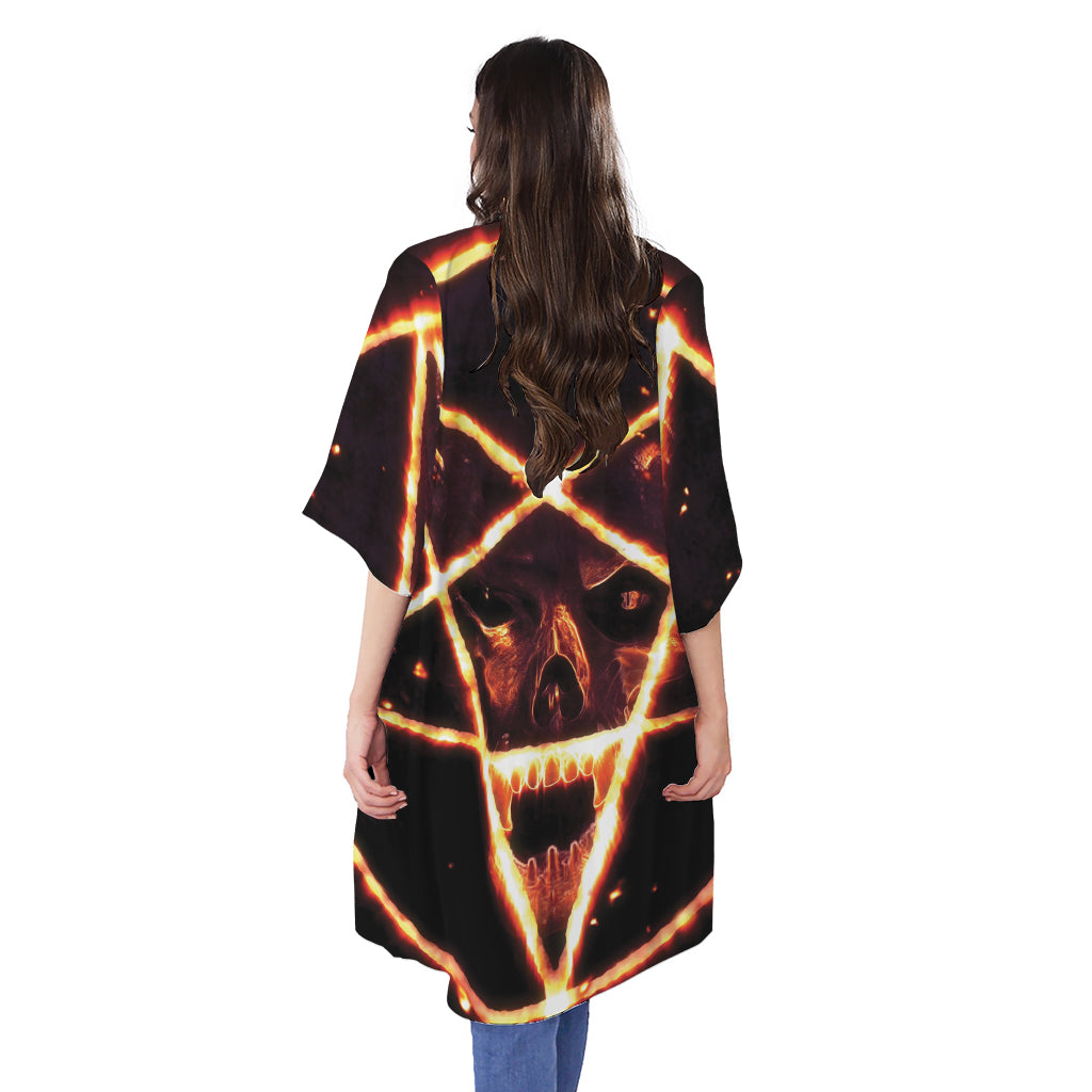 Flame Satanic Pentagram Print Open Front Beach Cover Up