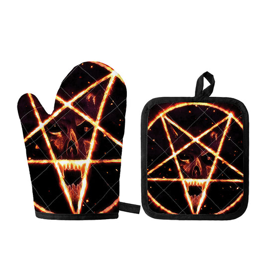 Flame Satanic Pentagram Print Oven Mitt And Pot Holder Set