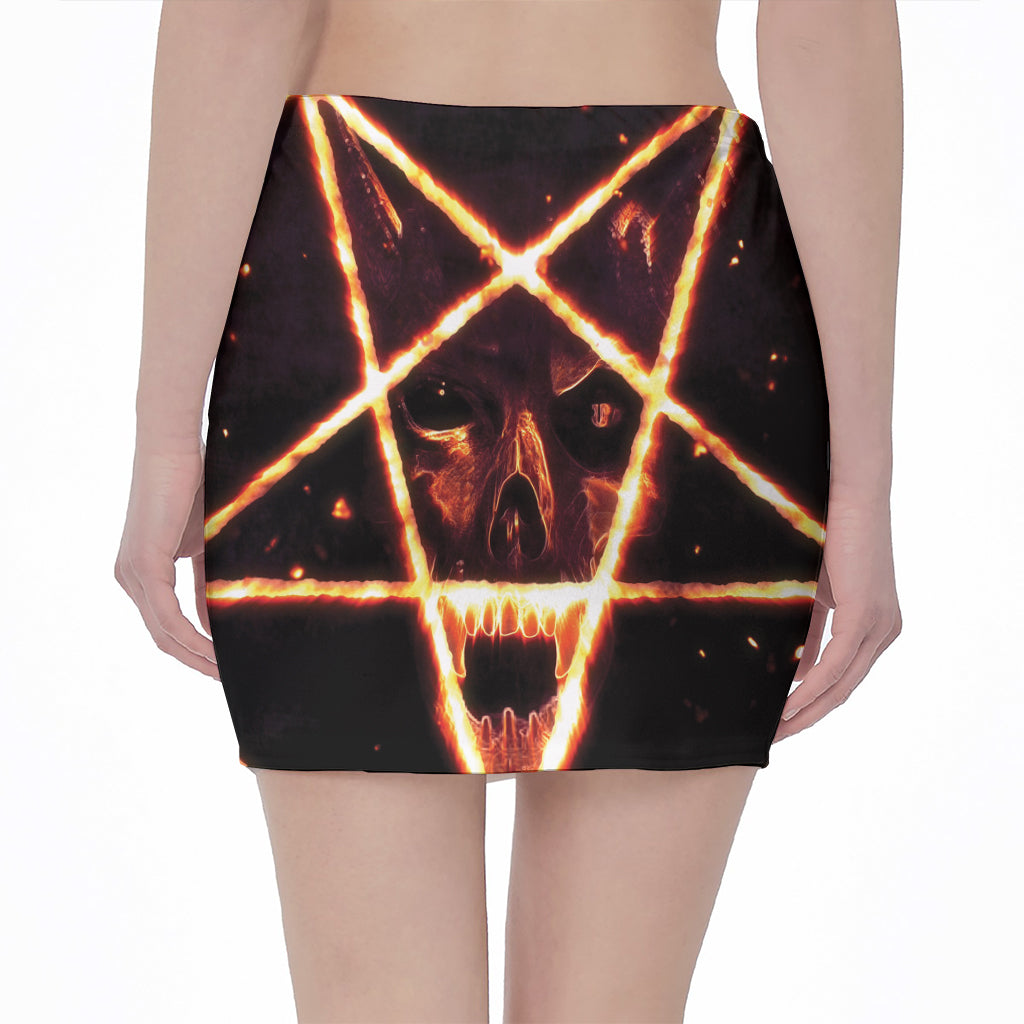 Flame Satanic Pentagram Print Pencil Mini Skirt