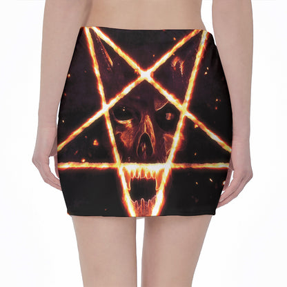 Flame Satanic Pentagram Print Pencil Mini Skirt