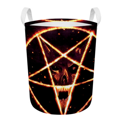 Flame Satanic Pentagram Print Round Laundry Basket
