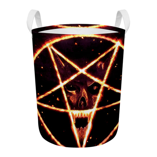 Flame Satanic Pentagram Print Round Laundry Basket