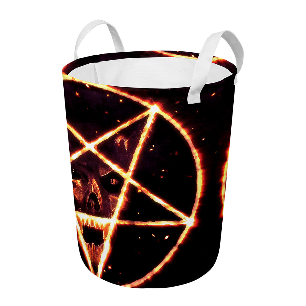 Flame Satanic Pentagram Print Round Laundry Basket